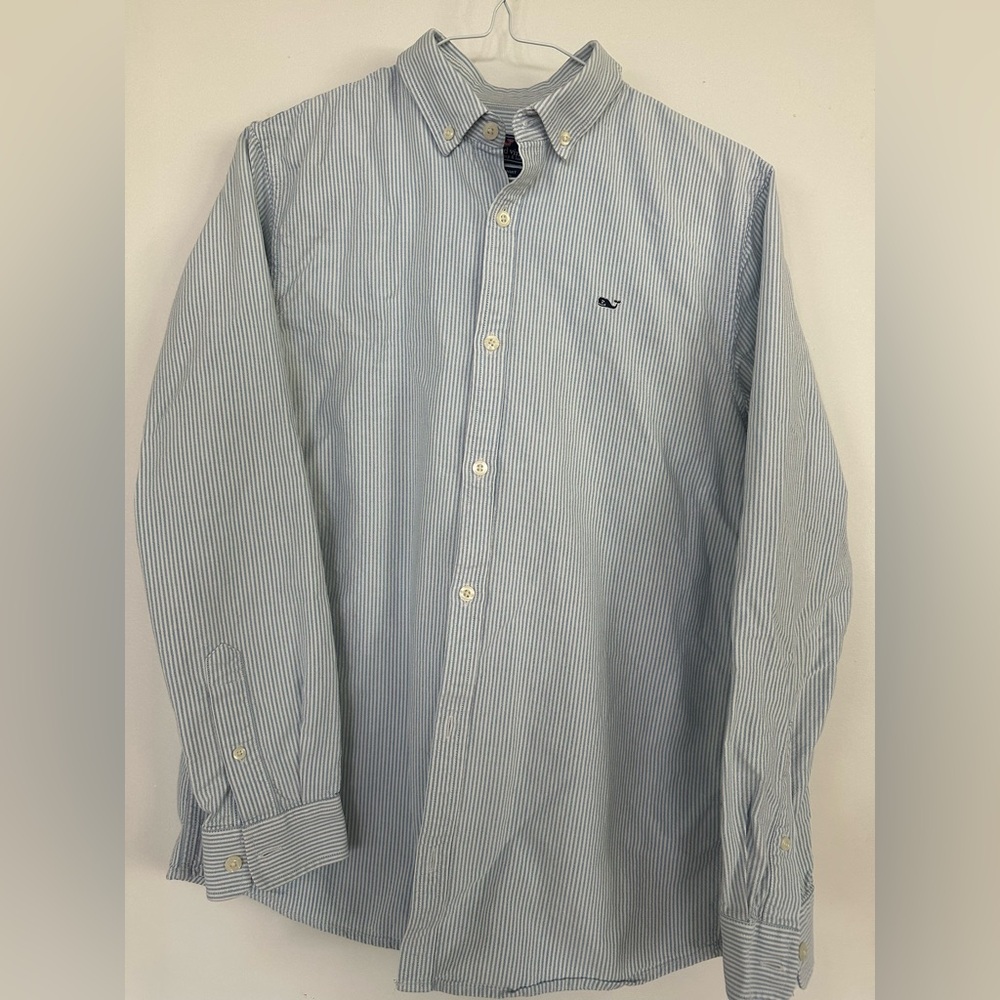 Boys Vineyard Vines Blue and White Pinstripe Shirt, Sz 18, EUC
